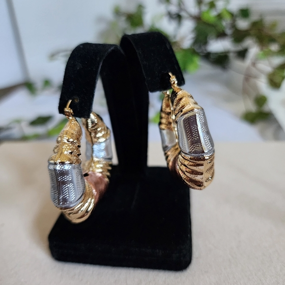 Tricolor Gold Filled Chunky Hoop Earrings Greek Key Design - Picture 4 of 8